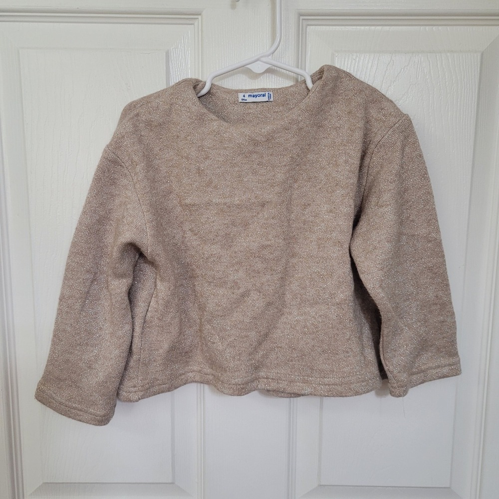 Mayoral Girls Shimmer Knit Bow Back Sweater Beige Tan Metallic Size 4 104cm